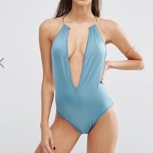 ASOS Gold Necklace Trim Plunge Swimsuit Frost blue